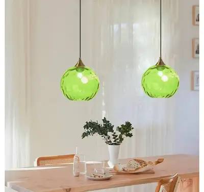 Set of 2 - Green Ripple Glass Globe Pendant Light Fixture, View more