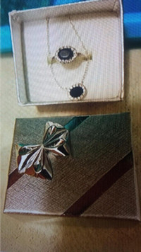 Black Onyx Diamond Necklace & Size 7 Ring Set in White 14kGold 