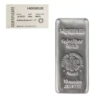 Bar argent/silver .9999 bullion Heraeus cast 10 oz certifat