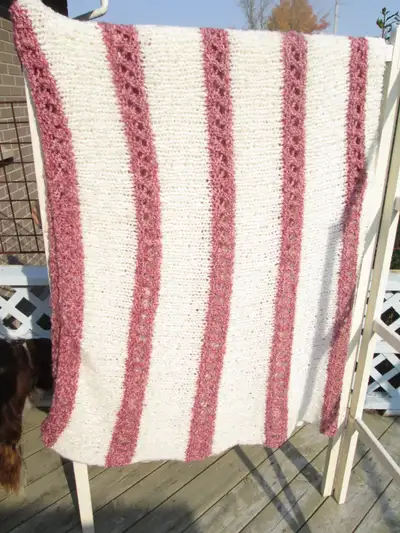 afghan blanket (hand knit - 56 x 64 - pink & white stripe) new, View more