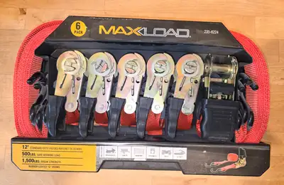 NEW 6 pack of MAXLOAD 12' Padded Ratchet Tie Downs. 500 lb. safe working load, 1,500 lb. breaking st...