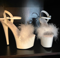 White faux fur heels