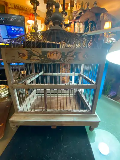 Vintage Antique Victorian Wood and Wire Bird Cage w/Hand Painted Flowers Time Period Manufactured 19...