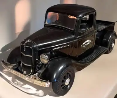 Jim beam model truck decanter - empty . glass with plastic forms to reproduce body shape,roof is rem...