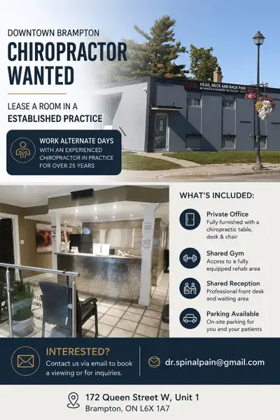 Established chiropractic clinic in Downtown Brampton is seeking another chiropractor to lease a priv...