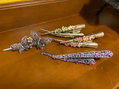 8 Vintage Hair Barrette Metal Hair Clips with Rhinestones Flowers and Butterflies. These are all in...