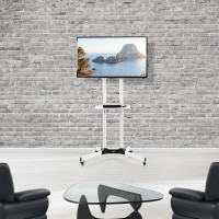 Modern, White, Tilt Stand for up to 65" Screens, Shelves, 110lbs