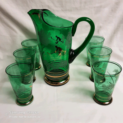 Mid Century Hockey Helmet Lesson Green Glass Pitcher, 6 Glasses, View more