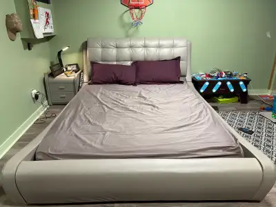 QUEEN - Leather bed frame with two side tables , View more