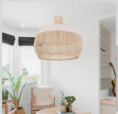 1 Light White Rattan Pendant Light Wicke Chandelier Boho Pendant, View more