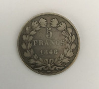 Large 1846 Five Franc French Coin 90% Silver