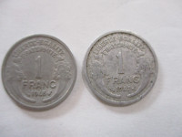 2 pièces de monnaie: 1 Franc Morlon aluminium 1947 et 1948