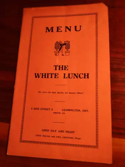 Early 1900's White Lunch Restaurant Leamington ON, Menu. Like new condition. 9 1/2 inches by 5 3/4 i...