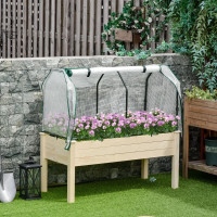 Raised Garden Bed with PE Greenhouse Cover Outdoor Elevated Wood