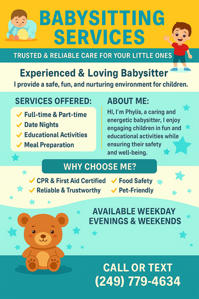 Looking for a caring and dependable babysitter you can trust? I provide safe, engaging, and nurturin...