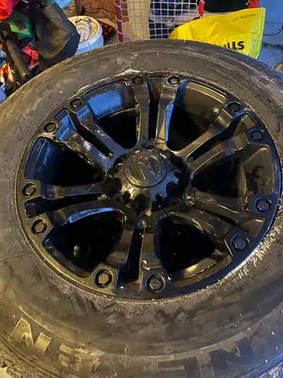 Used Nexen 265/70R17 tires mounted on black DV8 Offroad rims Lots of life left on these wheels 6x5.5...