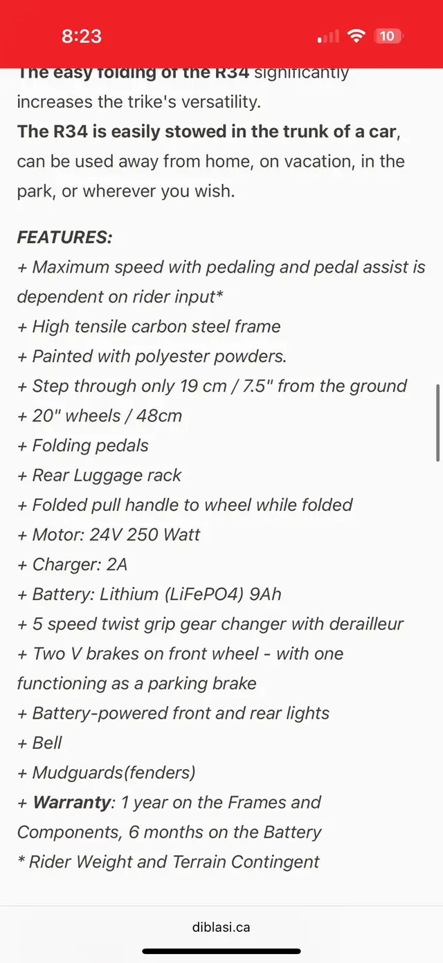 Di Blasi Folding Electric Tricycle in eBike in Oshawa / Durham Region - Image 7