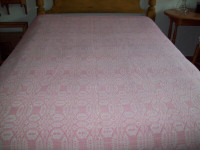 Antique pink white overshot cotton coverlet bedspread