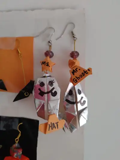 Origami foil sheet Mr and Mrs halloween cute ghost earrings, View more