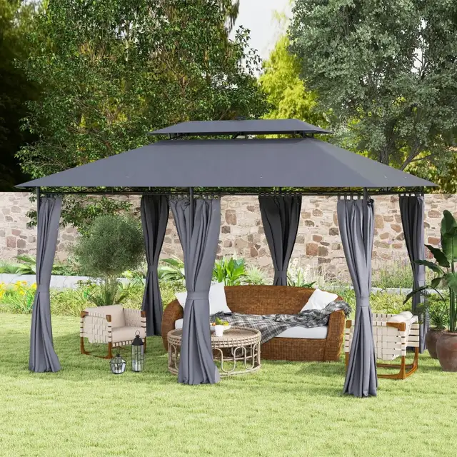 10' x 13' Outdoor Gazebo with Curtains and Solar-Powered LED Lig in Patio & Garden Furniture in Markham / York Region - Image 9