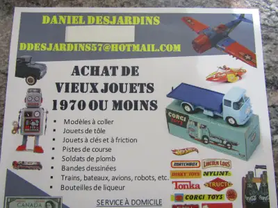 RECHERCHE VIEUX JOUET DIECAST, DINKY TOYS , CORGI, HOT WHEELS, JOUET DE METAL ,TONKA BUDDY L, STRUCT...