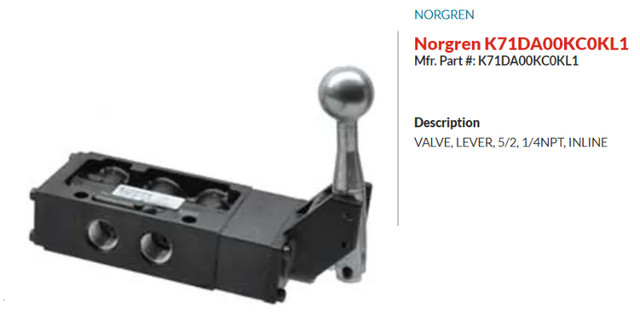 Valve, Lever, 5/2, 1/4'' NPT INLINE Norgren K71DA00KC0KL1 dans Autre  à Laval/Rive Nord