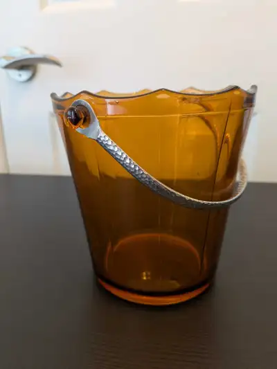 Vintage Amber Glass Ice Bucket with Hammered Metal Handle, View more