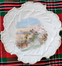 Ornate Antique Porcelain Plate with Cottage Scene