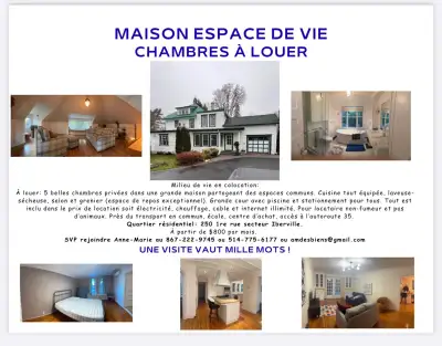 Milieu de vie en colocation: 50 ans + À louer: 3 belles chambres privées dans une grande maison part...