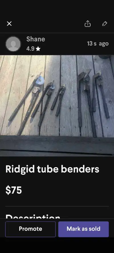 Ridgid tube benders 1/4 3/8 and 1/2 in $120 3/8 and 1/2 in $90