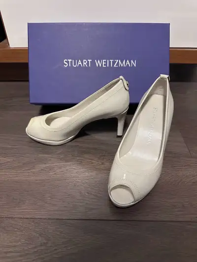 Stuart Weitzman White Patent Leather Peep-Toe Heels size 4, View more