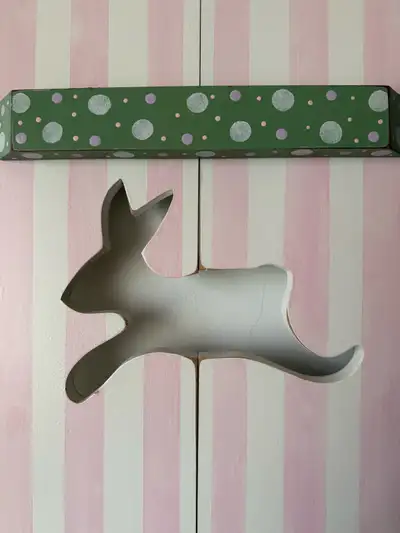 Decorative Pink Striped Wooden Wall Shelf with Bunny Cutout, View more