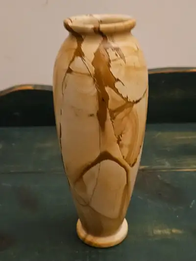 UNIQUE VINTAGE TEAK MARBLE VASE OR VESSEL, 8 INCHES TALL X 3 INCHES WIDE AND SOFT TO TOUCH, MOSTLY C...