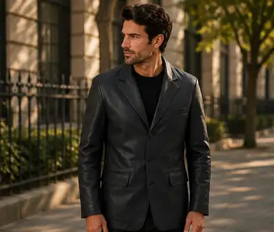 Men’s Classic Black Leather Blazer Jacket, View more