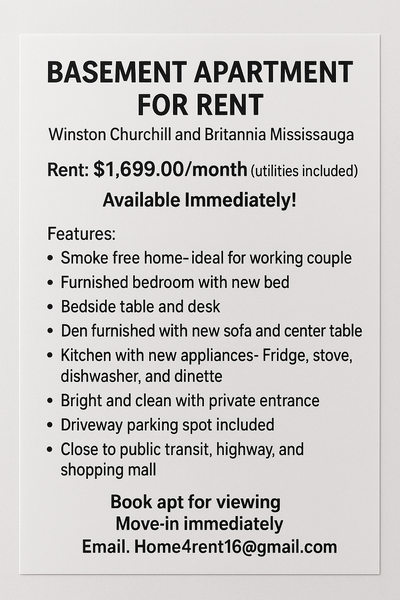 Basement Apartment for Rent — Available Immediately! Location: Winston Churchill & Britannia (Missis...
