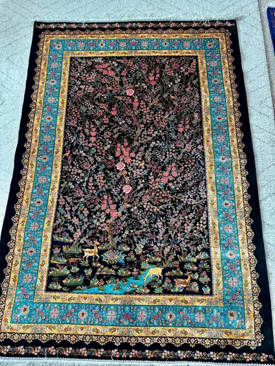 Authentic Persian Silk Rug 4x6 – Floral Design, Black Base, View more