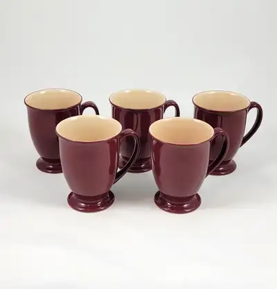 Set of 5 Burgundy and Bisque Stoneware Pedestal Coffee Mugs, View more