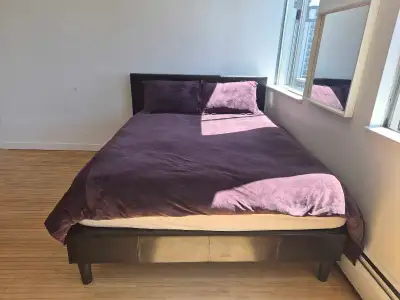 Brown Queen size bed frame and memory foam mattress, View more