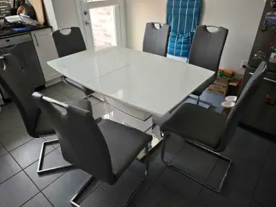 Modern White Gloss Extendable Dining Table with 6 Grey Chairs, View more