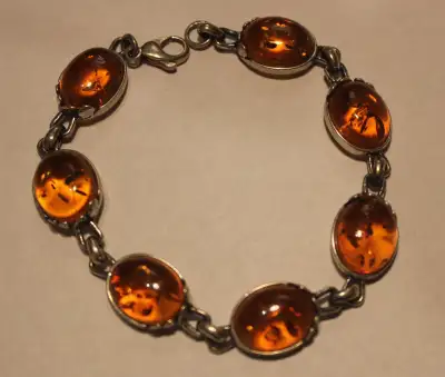 Vintage Cognac Oval Amber Cabochon Bracelet in Sterling Silver, View more