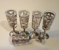 Vintage Mexican Sterling Silver Overlay Glass  Cordial Glasses