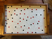MCM Wooden Tray With Square White, Red & Black Tiles
