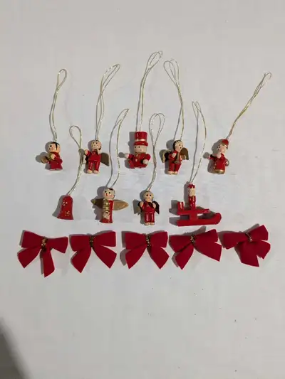 Wooden Miniature Christmas  tree ornaments and bows, View more