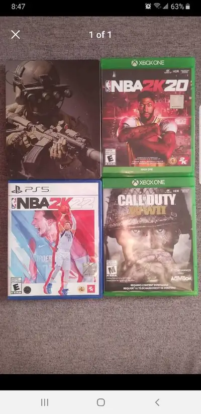NBA 2K20 XBOX ONE-$old NBA 2K22 PS5-$10 CALL OF DUTY WW2-$old CALL OF DUTY STEELBOOK MW2-$15