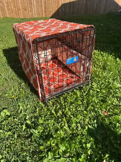 Small Dog Crate w/ orange & white 3-piece Jax & Bones cover set, View more