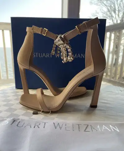 Stuart Weitzman 100Fringe Square Nudist Blush Leather Heels 8M, View more