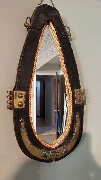 Antique Belgian horse collar mirror with brass fittings, View more