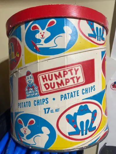 antique Humpty Dumpty chip container, View more