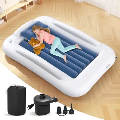 Brand new. Colour White/Blue Toddler Bed for Travel with Safety Sides - Cozy Kids Air Mattress Set w...