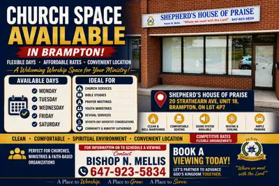 Church Space Available in Brampton Looking for a welcoming, clean, and convenient worship space for...